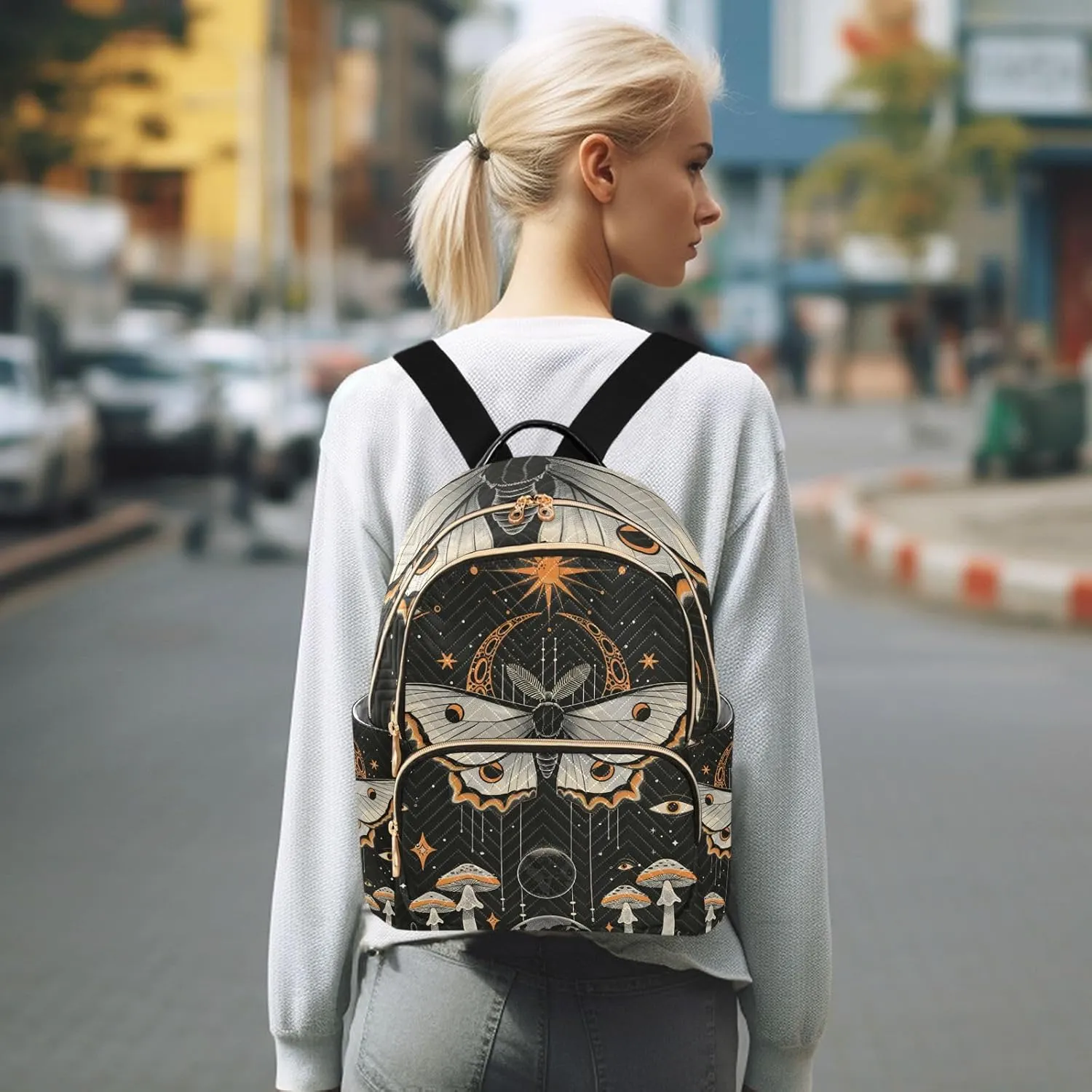 ALAZA Butterfly Sun and Moon Mushroom Mini Backpack Purse for Women Travel Bag Lightweight Shoulder Bag Fashion Daypack