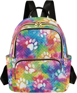 ALAZA Dog Cat Paw Prints on Rainbow Tie Dye Mini Backpack Purse for Women Travel Bag Lightweight Shoulder Bag Fashion Daypack