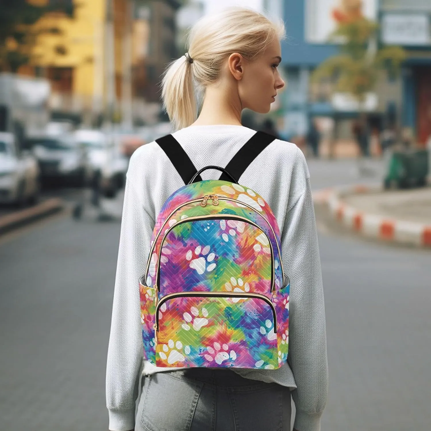 ALAZA Dog Cat Paw Prints on Rainbow Tie Dye Mini Backpack Purse for Women Travel Bag Lightweight Shoulder Bag Fashion Daypack