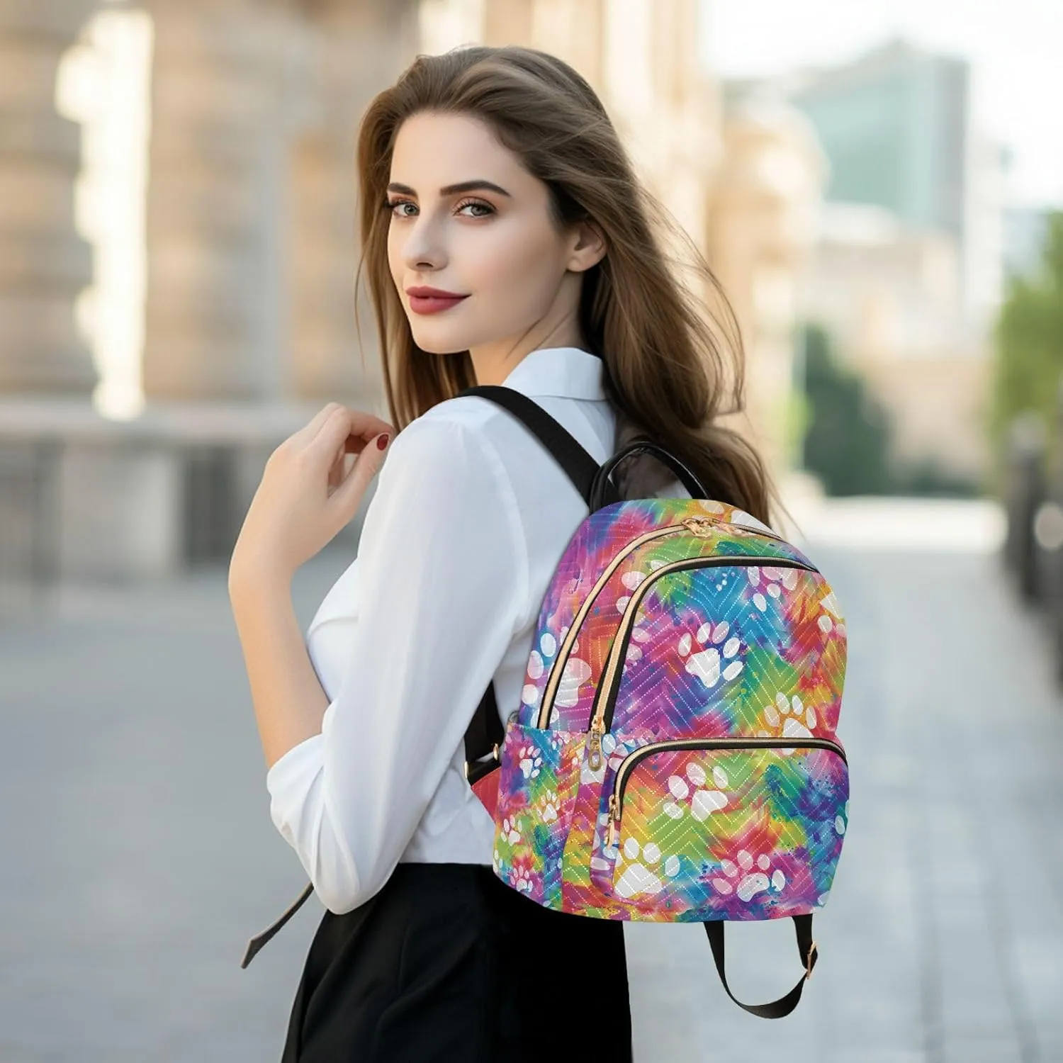 ALAZA Dog Cat Paw Prints on Rainbow Tie Dye Mini Backpack Purse for Women Travel Bag Lightweight Shoulder Bag Fashion Daypack