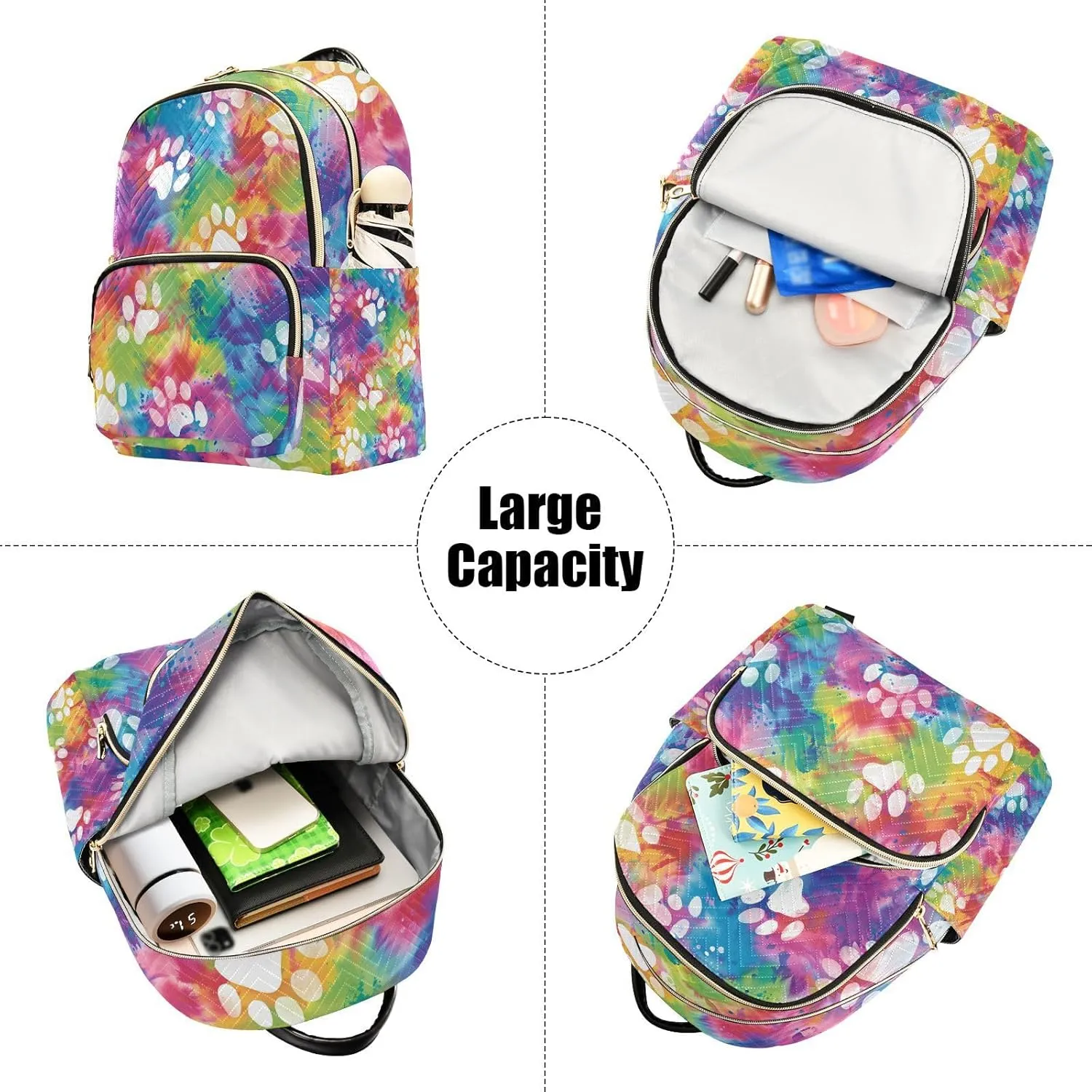 ALAZA Dog Cat Paw Prints on Rainbow Tie Dye Mini Backpack Purse for Women Travel Bag Lightweight Shoulder Bag Fashion Daypack