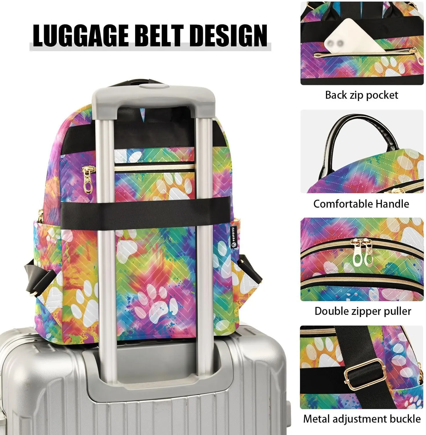 ALAZA Dog Cat Paw Prints on Rainbow Tie Dye Mini Backpack Purse for Women Travel Bag Lightweight Shoulder Bag Fashion Daypack