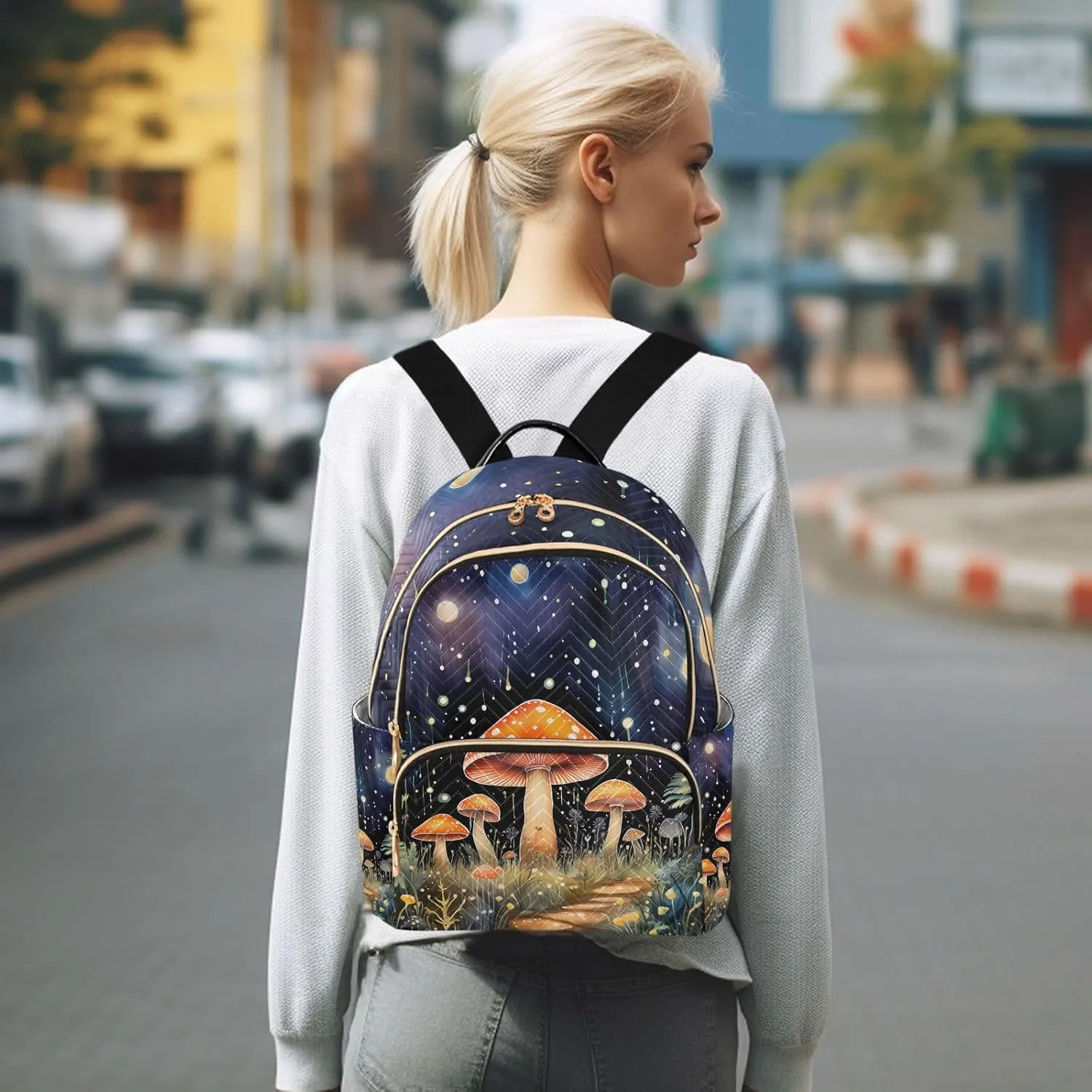 ALAZA Ysterious Forest Mushroom Night Mini Backpack Purse for Women Travel Bag Lightweight Shoulder Bag Fashion Daypack