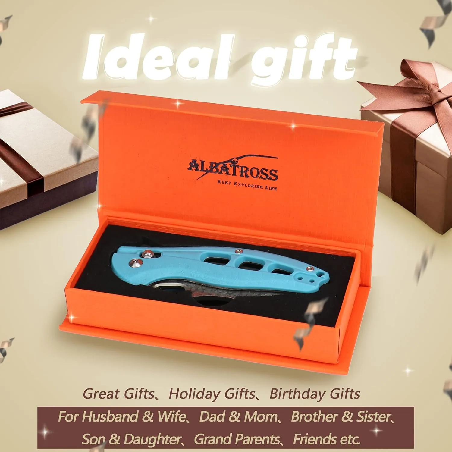ALBATROSS Cool Flipper Axis Lock Opening Folding Pocket Knife with 3" Modern Damascus Steel Blade and 4.25" High Strength FRN Handle, Deep Carry Pocket Clip - Gifts Box FK036DA-BE