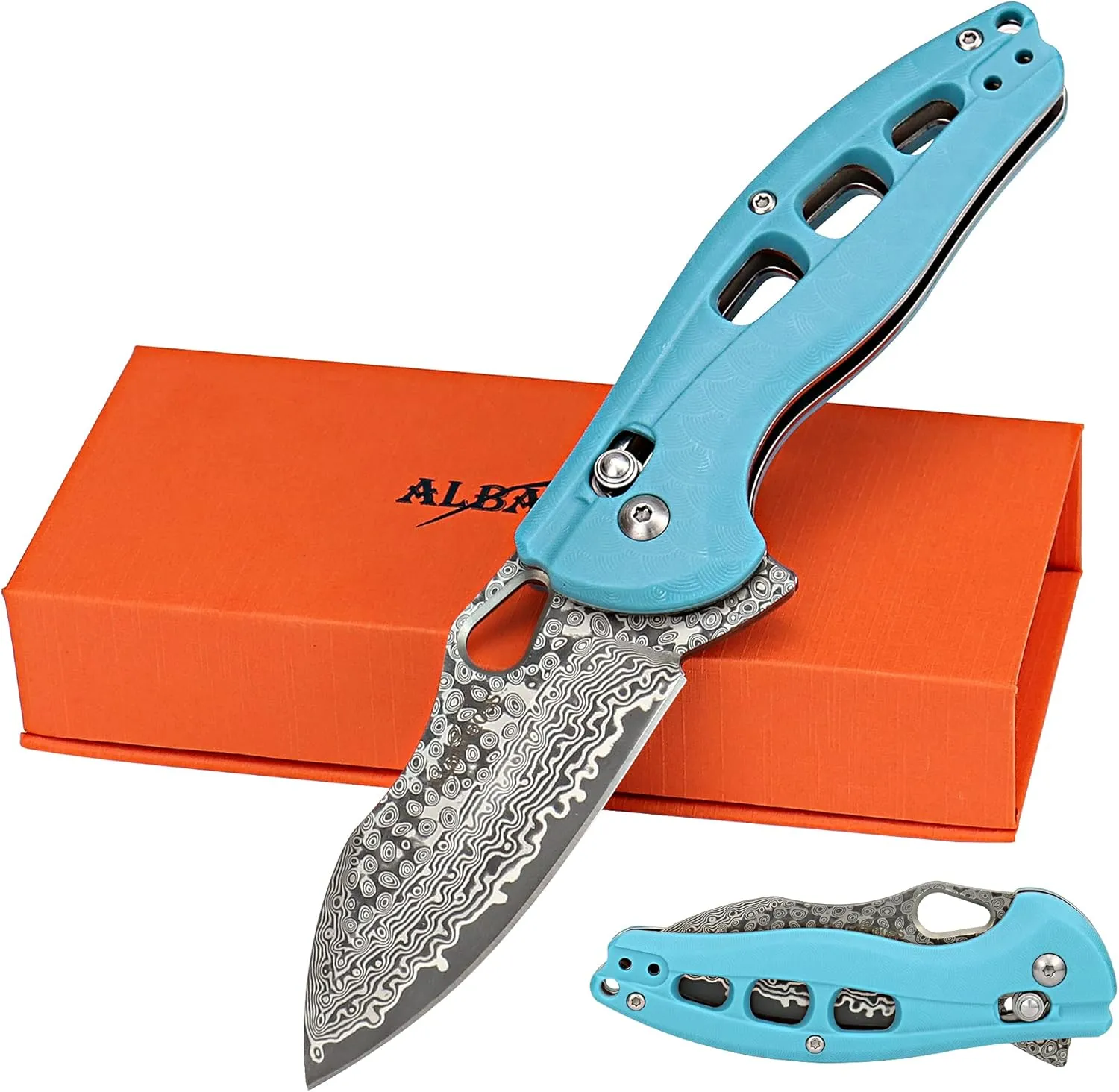 ALBATROSS Cool Flipper Axis Lock Opening Folding Pocket Knife with 3" Modern Damascus Steel Blade and 4.25" High Strength FRN Handle, Deep Carry Pocket Clip - Gifts Box FK036DA-BE