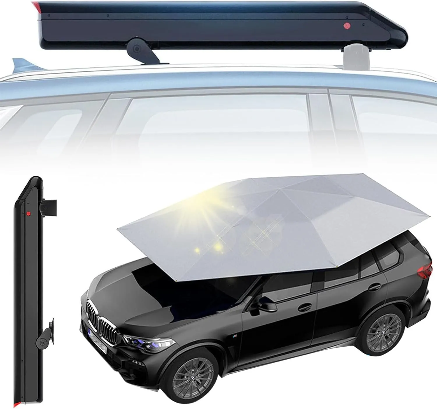 All-Weather Car Tent, 3.8×2.8M Fully Automatic Car Umbrella Tent, Waterproof Roof Shade with 5000mah Battery & Storage Bag,Silver-WithoutBar