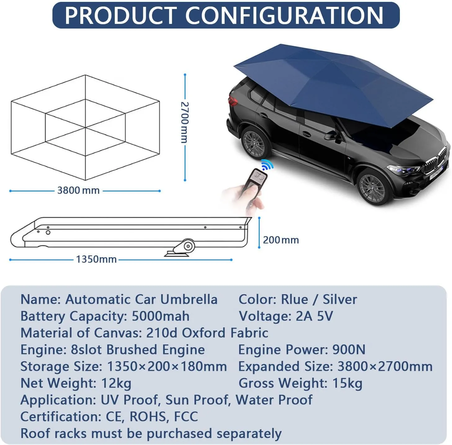 All-Weather Car Tent, 3.8×2.8M Fully Automatic Car Umbrella Tent, Waterproof Roof Shade with 5000mah Battery & Storage Bag,Silver-WithoutBar