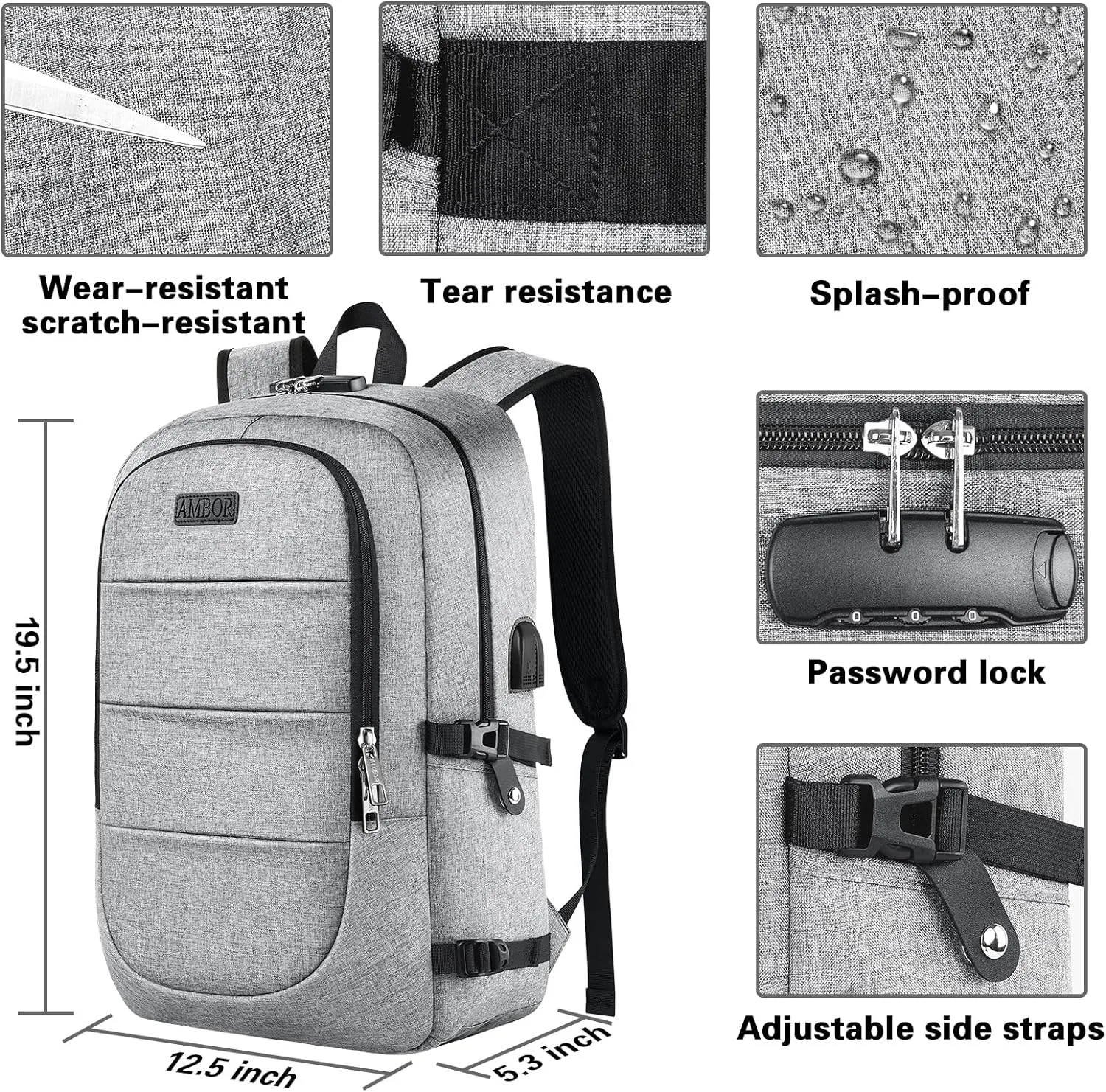 AMBOR Travel Laptop Backpack, 15.6-17.3 inch Anti Theft Business Laptop Backpack with USB Charging Port and Headphone Interface, Backpack for Men & Women, Grey