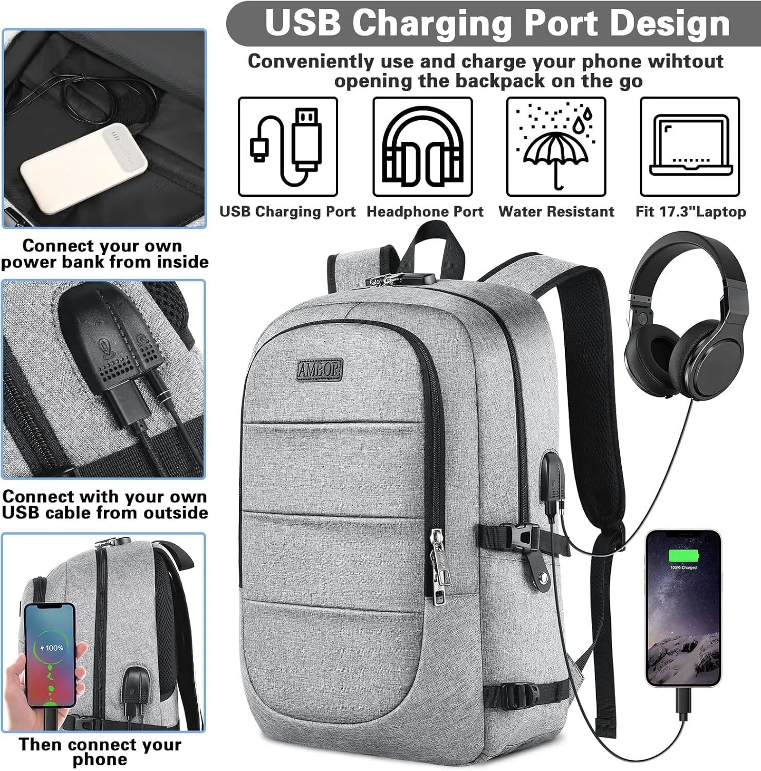 AMBOR Travel Laptop Backpack, 15.6-17.3 inch Anti Theft Business Laptop Backpack with USB Charging Port and Headphone Interface, Backpack for Men & Women, Grey
