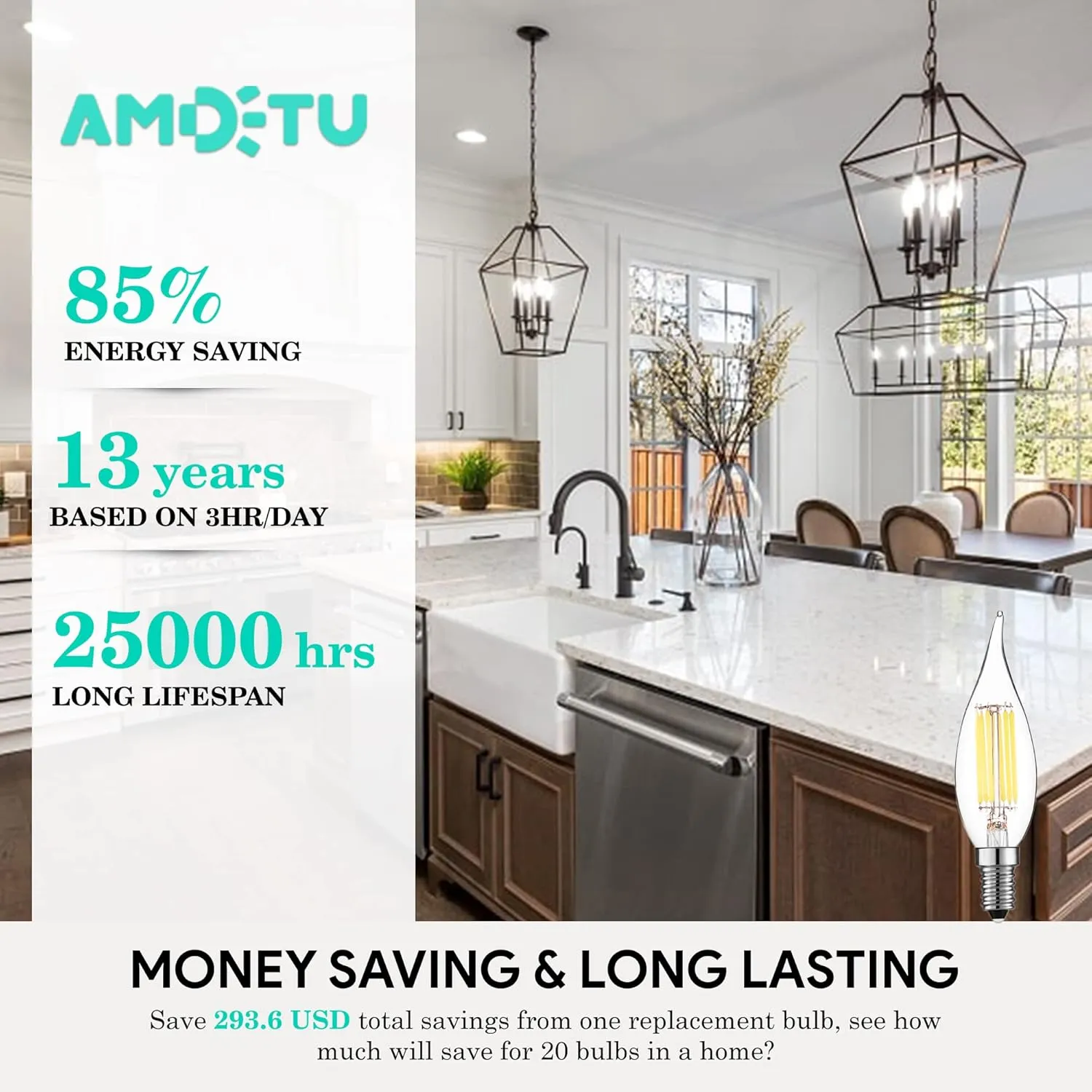 AMDTU E12 60 Watt Equivalent LED Candelabra Bulb CA10 Candle 4000K Daylight Dimmable Small Base Chandelier Light, Ideal for Dining Rooms, Living Rooms, and Porches, Long-Lasting Cozy Indoor Light