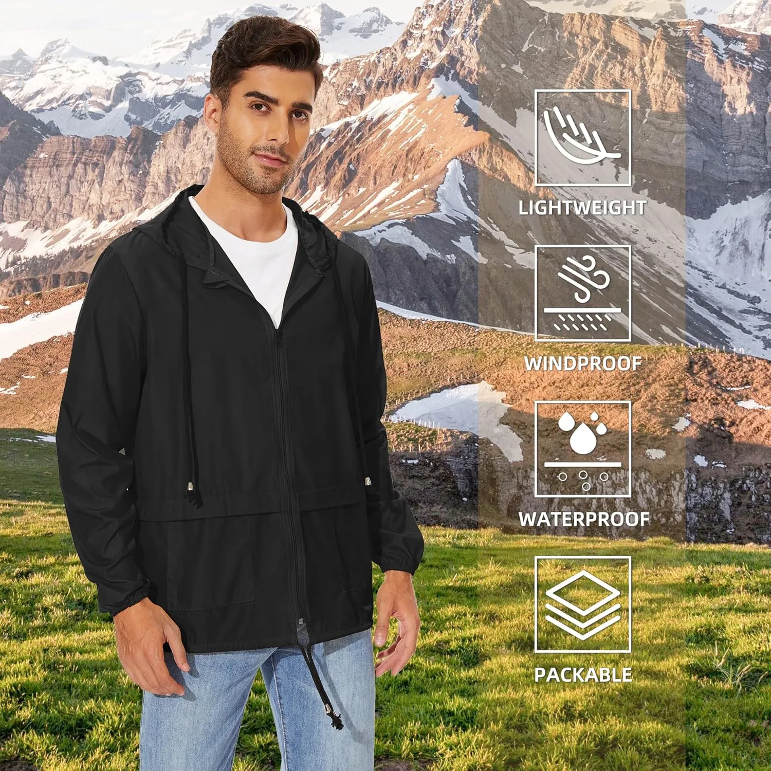 American Trends Packable Mens Rain Jacket Lightweight Waterproof Raincoats with Hood Windbreaker for Travel M-3XL Available