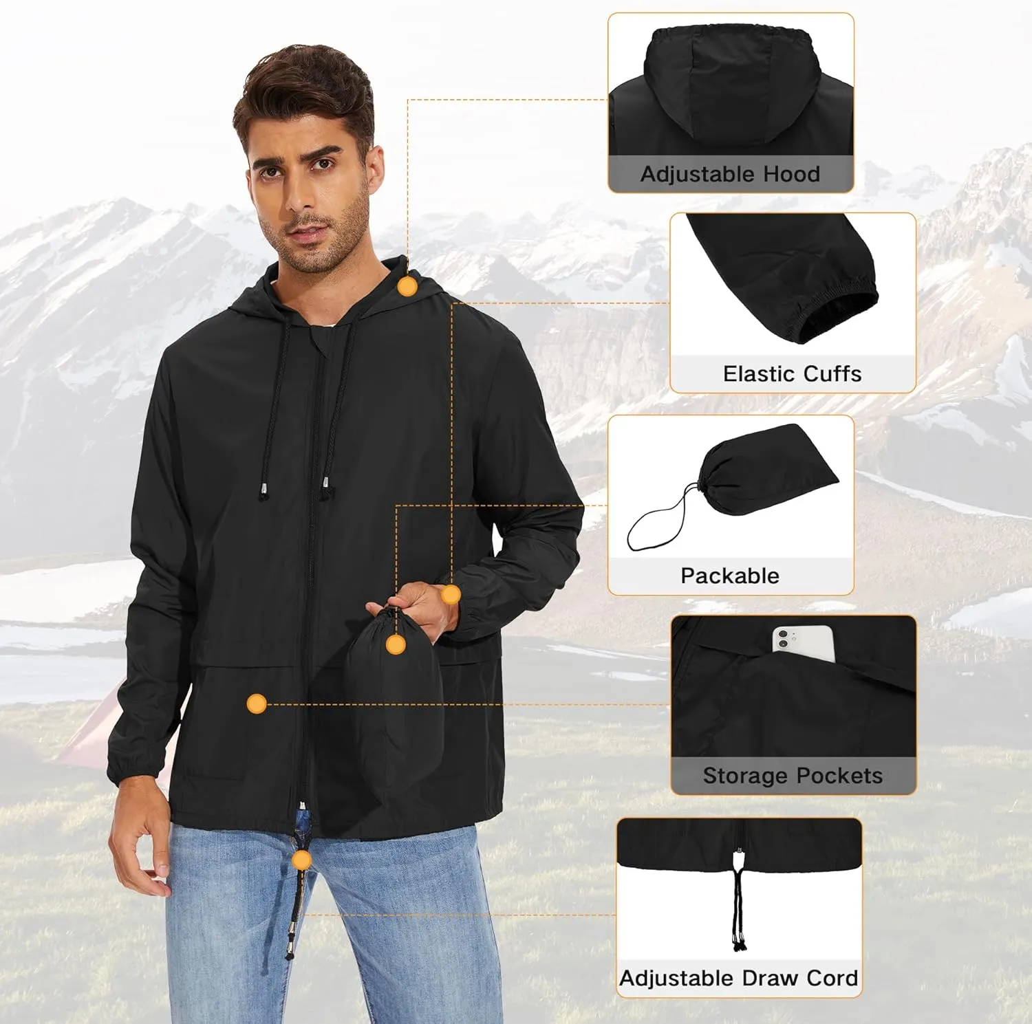 American Trends Packable Mens Rain Jacket Lightweight Waterproof Raincoats with Hood Windbreaker for Travel M-3XL Available