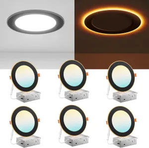 Amico 6 Pack Black 6 Inch 5CCT LED Recessed Ceiling Light with Night Light, 2700K/3000K/3500K/4000K/5000K Selectable Ultra-Thin Lighting, 12W=110W, 1100LM, Dimmable Canless Wafer Downlight - ETL&FCC