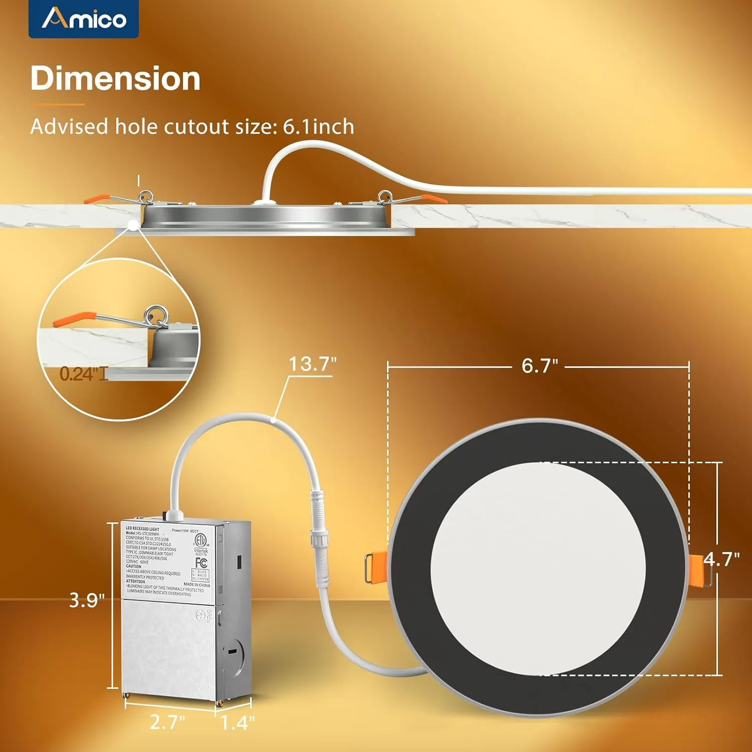 Amico 6 Pack Black 6 Inch 5CCT LED Recessed Ceiling Light with Night Light, 2700K/3000K/3500K/4000K/5000K Selectable Ultra-Thin Lighting, 12W=110W, 1100LM, Dimmable Canless Wafer Downlight - ETL&FCC
