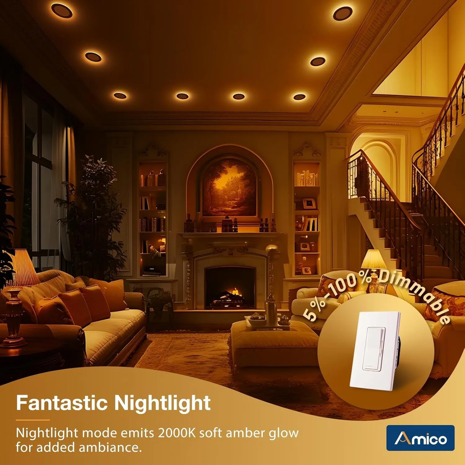 Amico 6 Pack Black 6 Inch 5CCT LED Recessed Ceiling Light with Night Light, 2700K/3000K/3500K/4000K/5000K Selectable Ultra-Thin Lighting, 12W=110W, 1100LM, Dimmable Canless Wafer Downlight - ETL&FCC