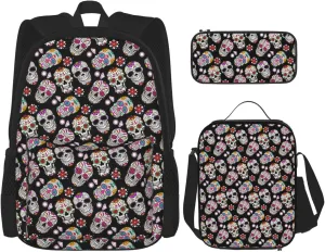 AMRANDOM Day Of The Dead Sugar Skull head floral black (6) Backpack Travel Backpacks Set 3 pcs