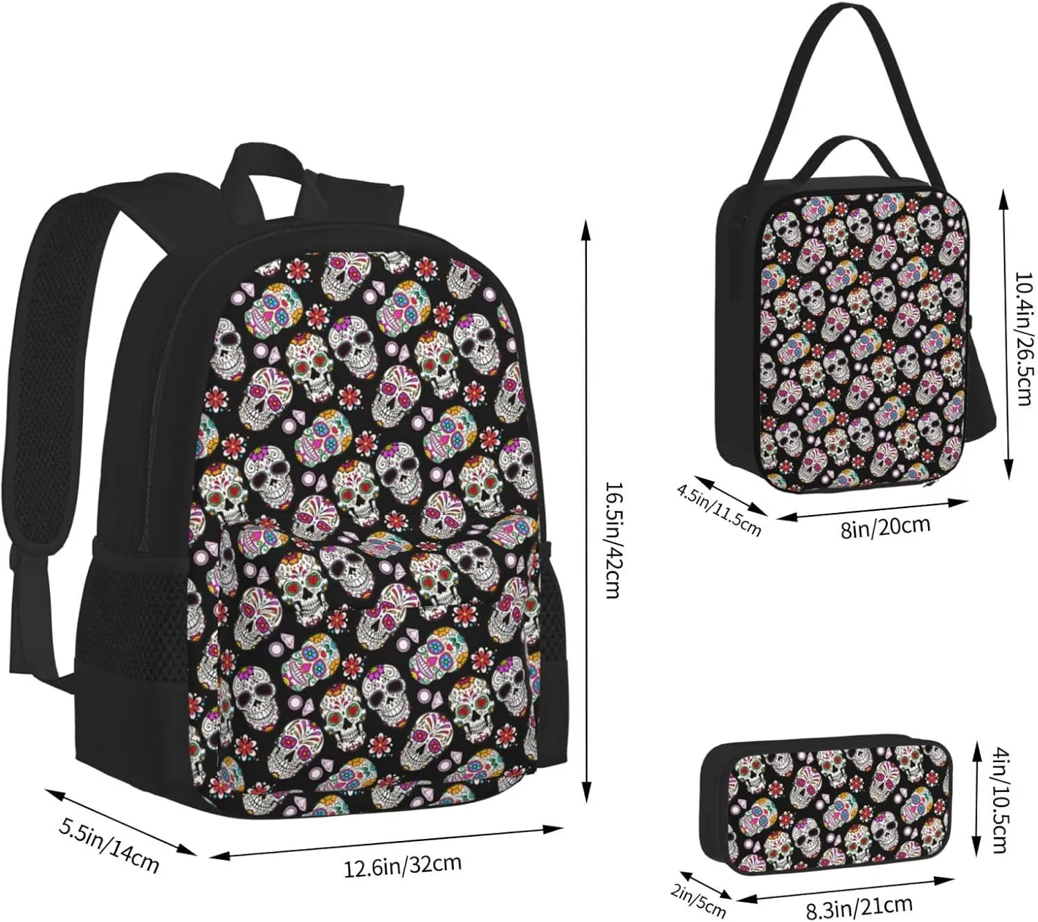 AMRANDOM Day Of The Dead Sugar Skull head floral black (6) Backpack Travel Backpacks Set 3 pcs
