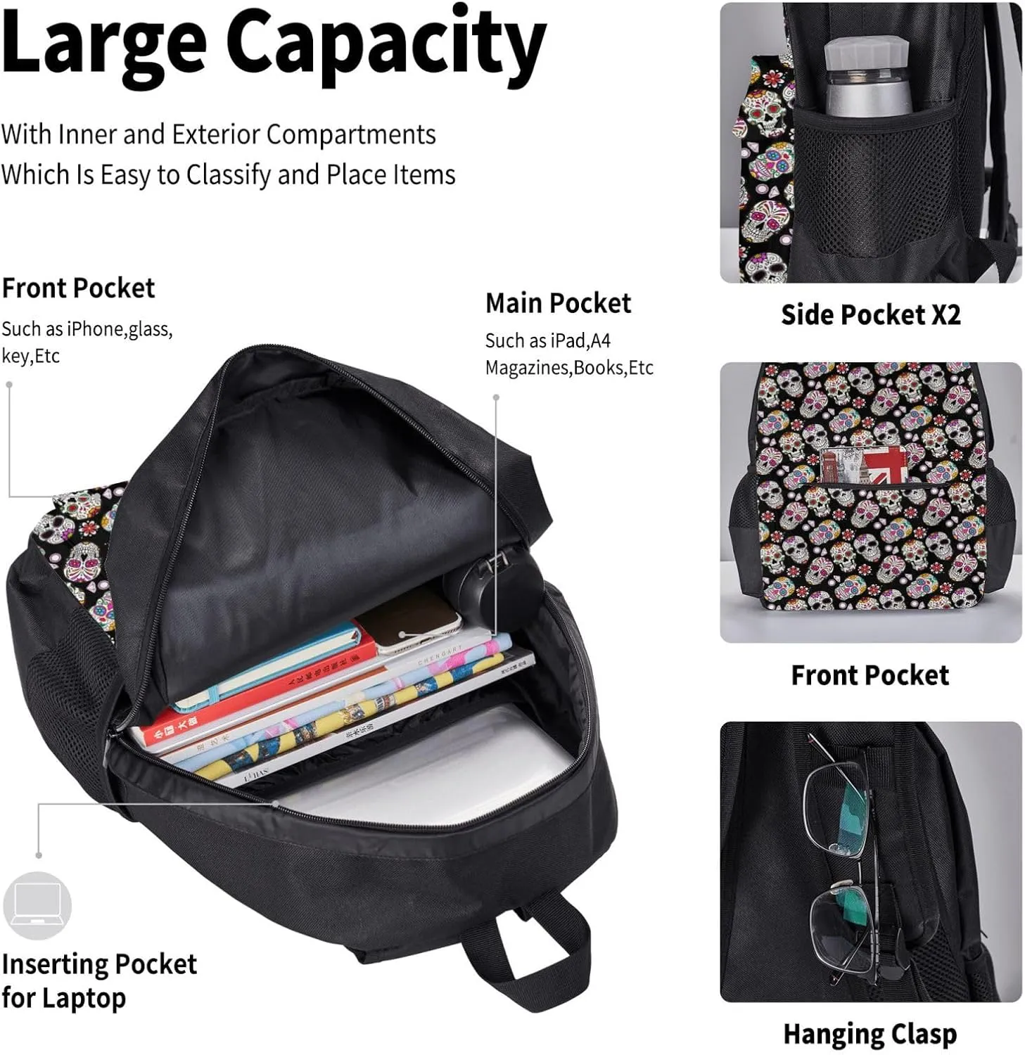 AMRANDOM Day Of The Dead Sugar Skull head floral black (6) Backpack Travel Backpacks Set 3 pcs