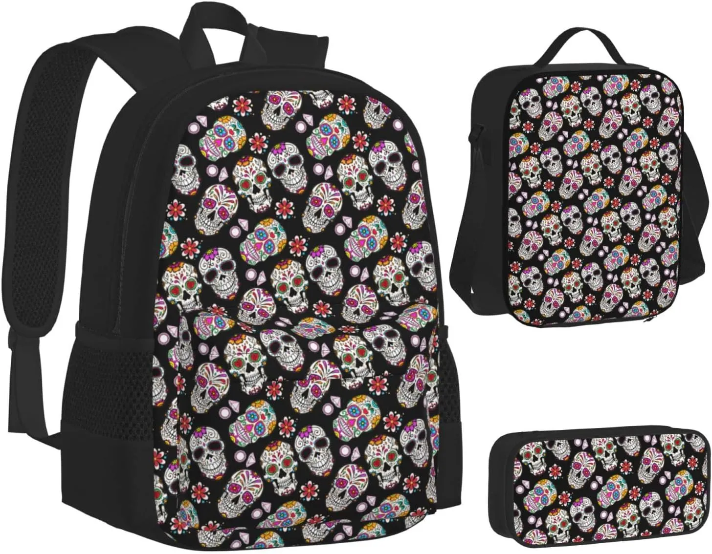 AMRANDOM Day Of The Dead Sugar Skull head floral black (6) Backpack Travel Backpacks Set 3 pcs