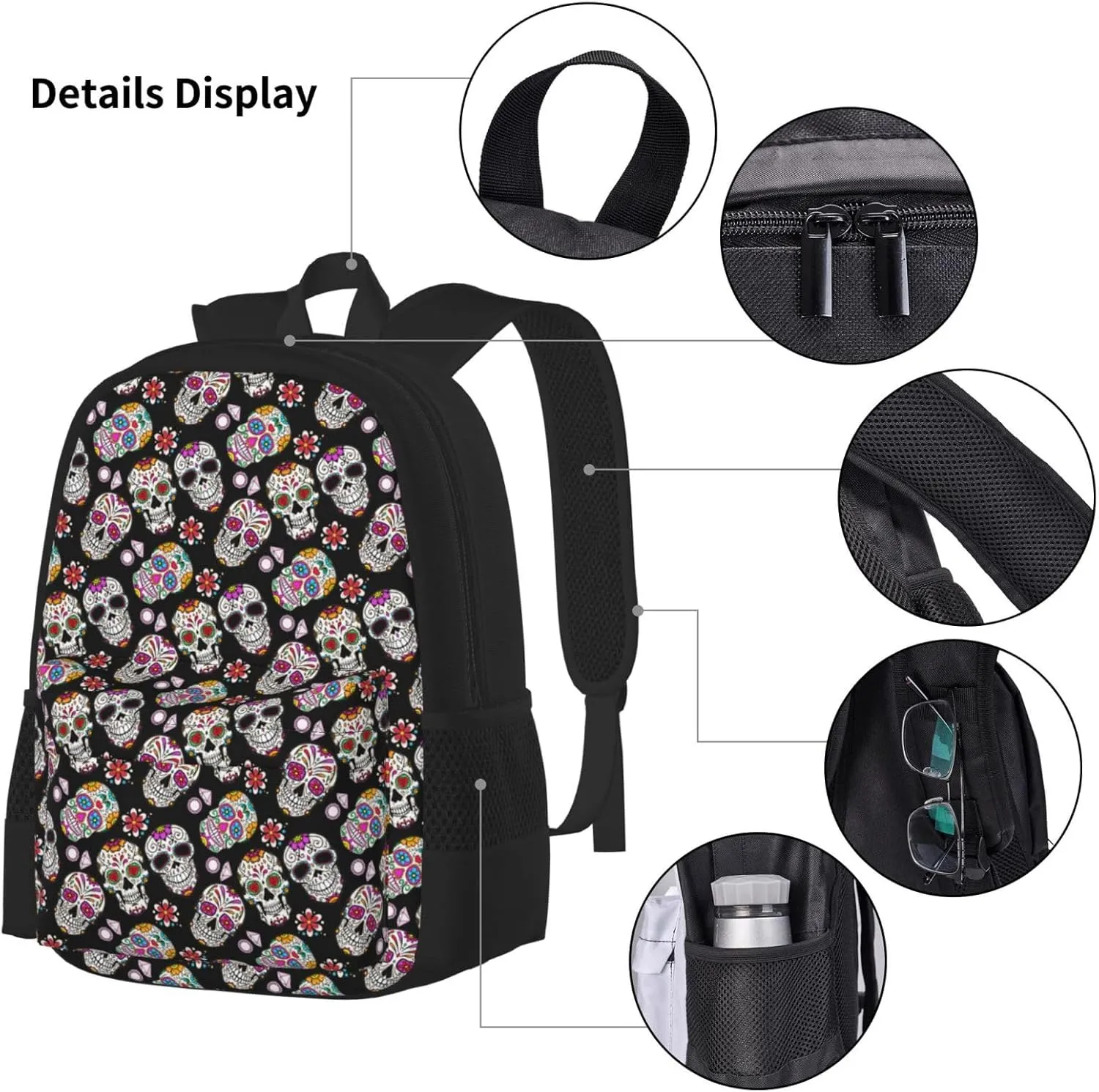 AMRANDOM Day Of The Dead Sugar Skull head floral black (6) Backpack Travel Backpacks Set 3 pcs