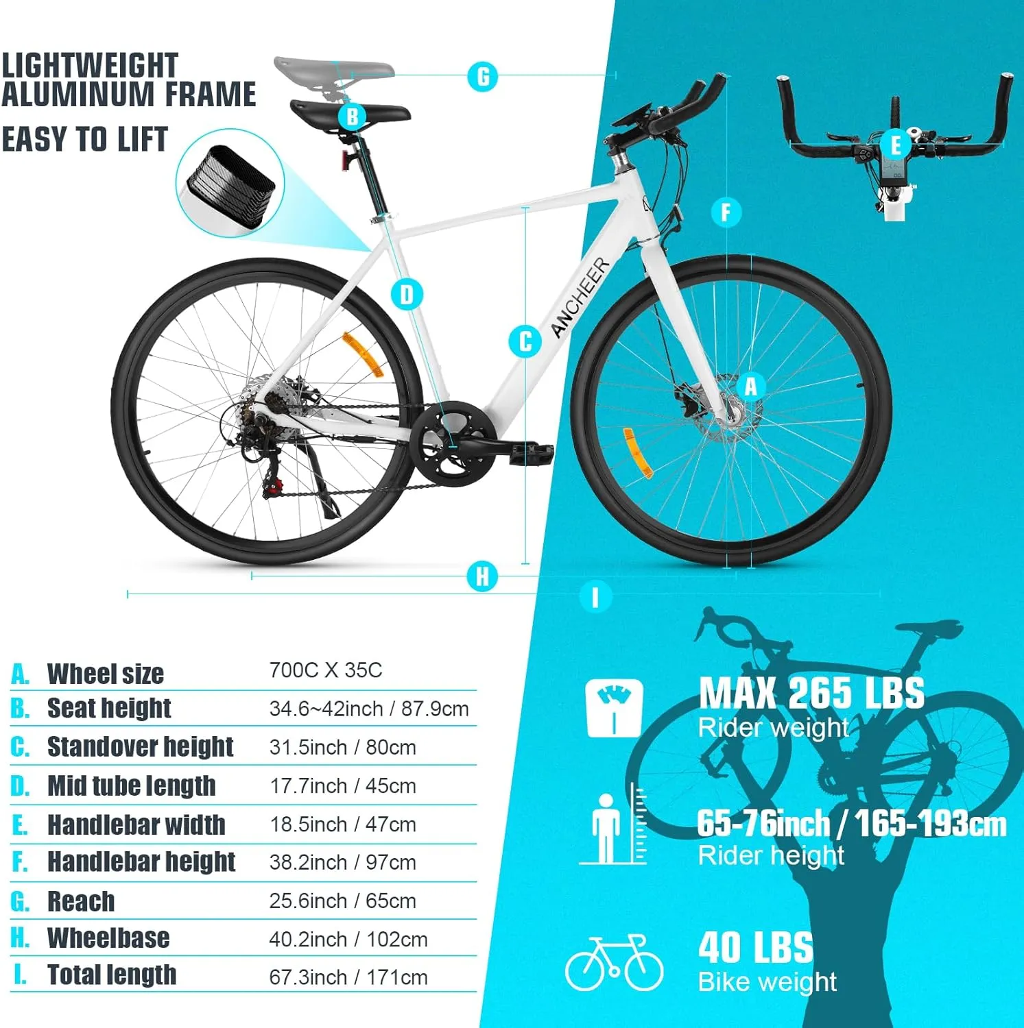 ANCHEER Electric Bike for Adults, 20MPH, 700C Wheel Commuter Bicycle with 36V Battery, Center Digital Display, Dual Disc Brakes, 7 Speed Road Bike, Light Weight, Electric Bicycle for Adults Teens