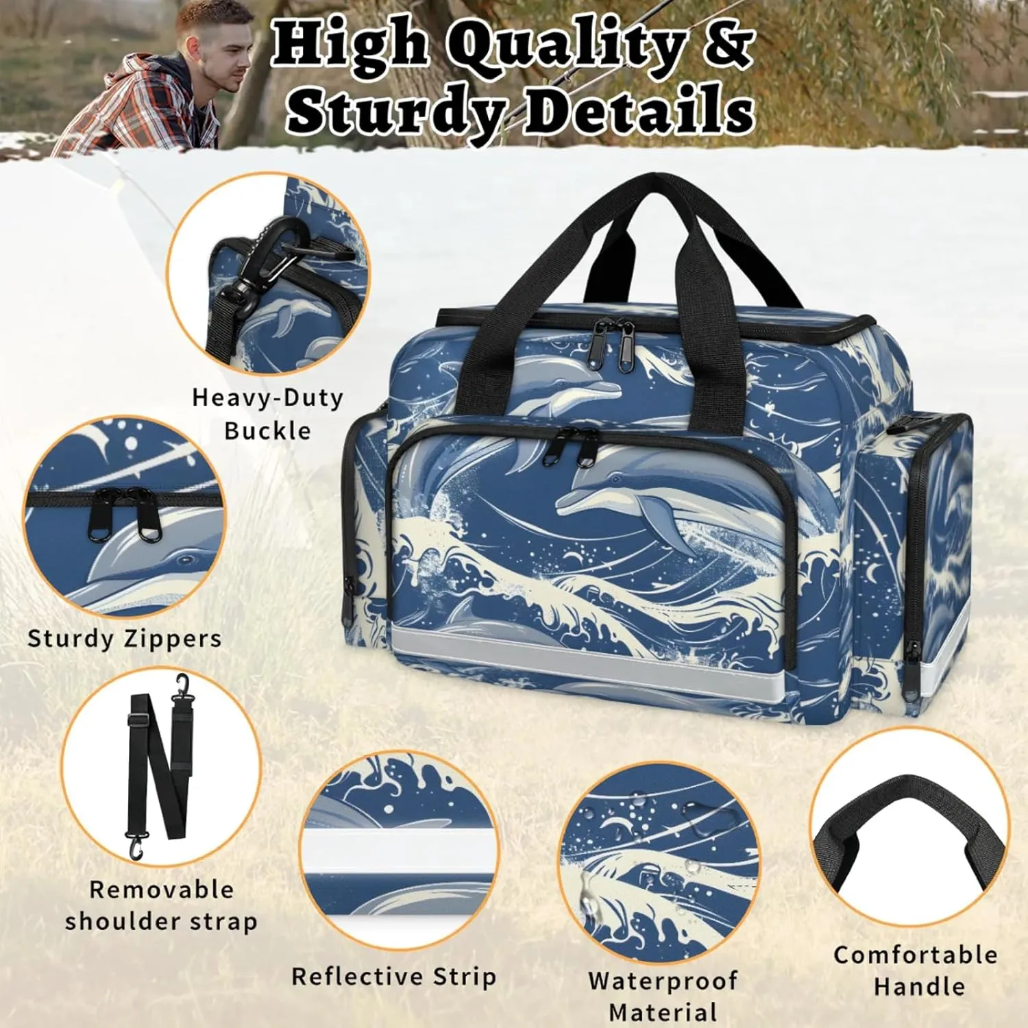 Anti-Scratch Duffle Bag for Travel 25x17.7x11.2 Inch - Waterproof Duffel Bag for Camping Fitness, Durable EMS Gear for First Responders Dolphins Theme
