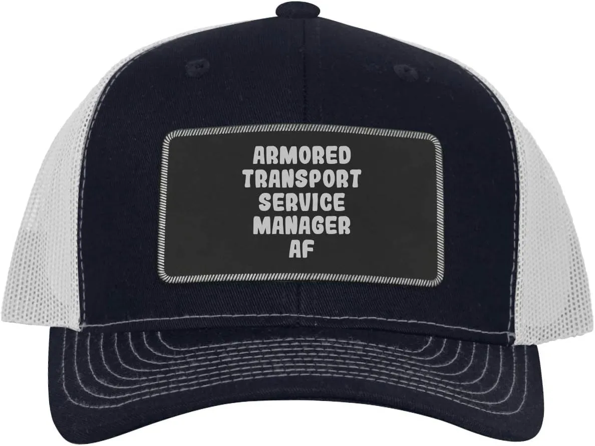 Armored Transport Service Manager AF - Leather Black Patch Engraved Trucker Hat