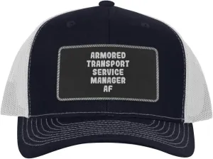 Armored Transport Service Manager AF - Leather Black Patch Engraved Trucker Hat