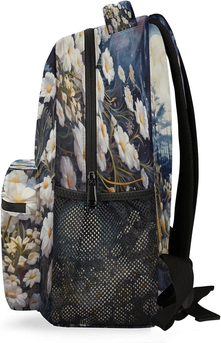 Art Painting Full Moon Flower Travel Backpack, Large 16 Inch Laptop Bookbag Lightweight Carry-On Bag for Business Travel & Hiking
