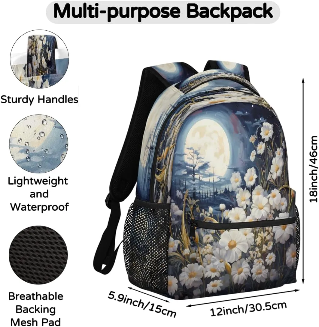 Art Painting Full Moon Flower Travel Backpack, Large 16 Inch Laptop Bookbag Lightweight Carry-On Bag for Business Travel & Hiking