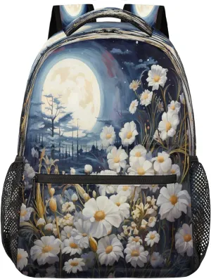 Art Painting Full Moon Flower Travel Backpack, Large 16 Inch Laptop Bookbag Lightweight Carry-On Bag for Business Travel & Hiking
