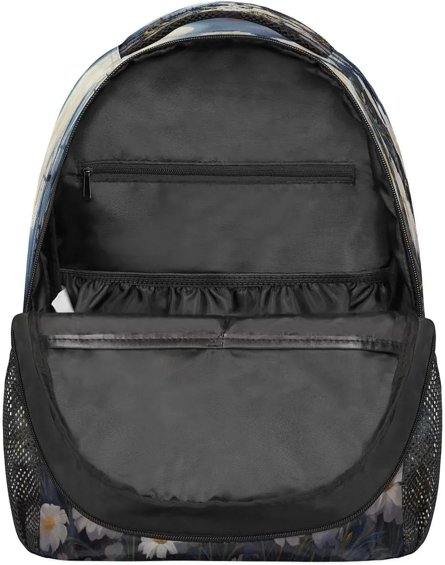 Art Painting Full Moon Flower Travel Backpack, Large 16 Inch Laptop Bookbag Lightweight Carry-On Bag for Business Travel & Hiking