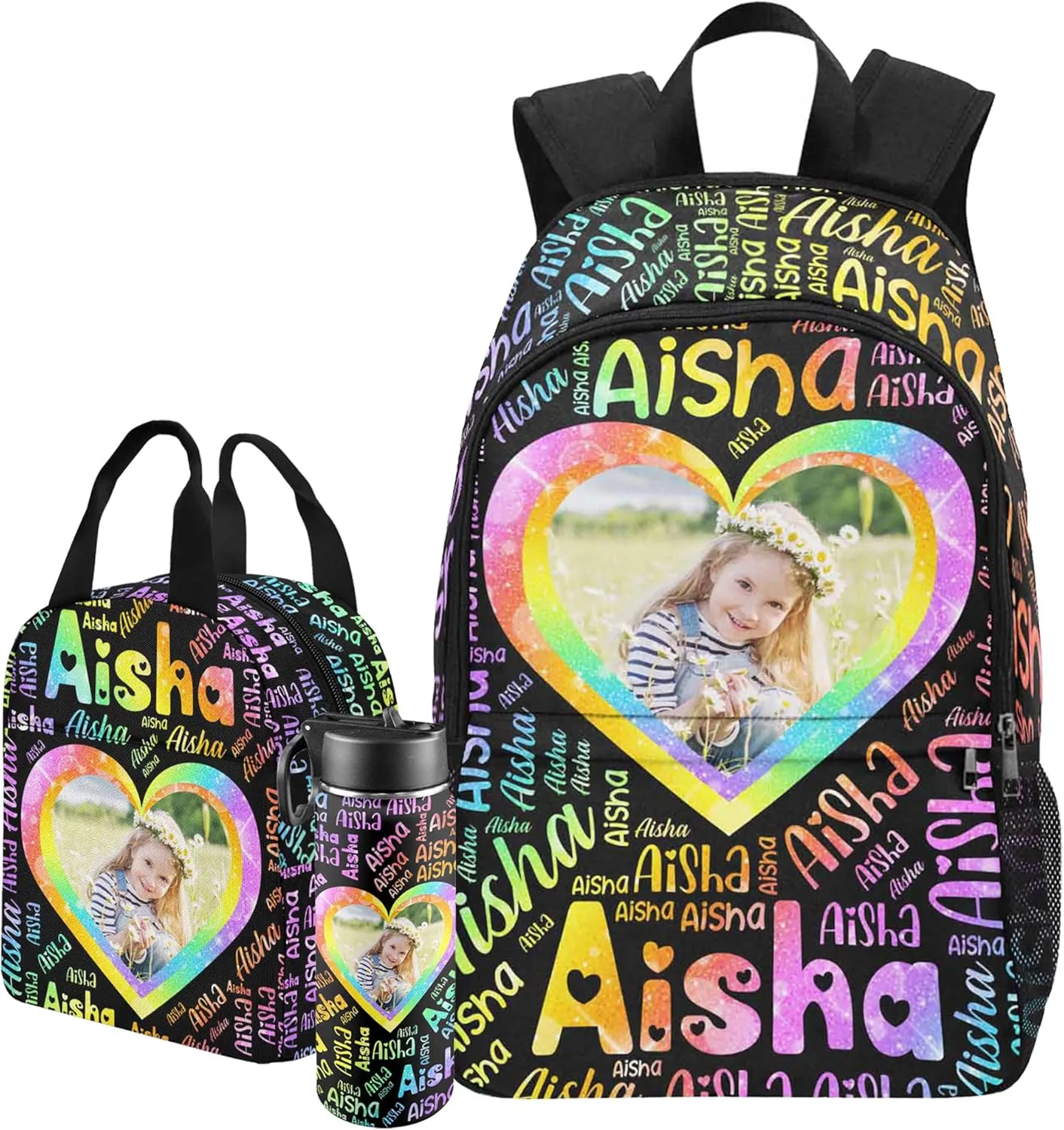 Artsadd Custom Kids Backpack with Lunch Box Set, Personalized Name School Bags Bookbag Lunch Bag for Boys Girls(Design 02)