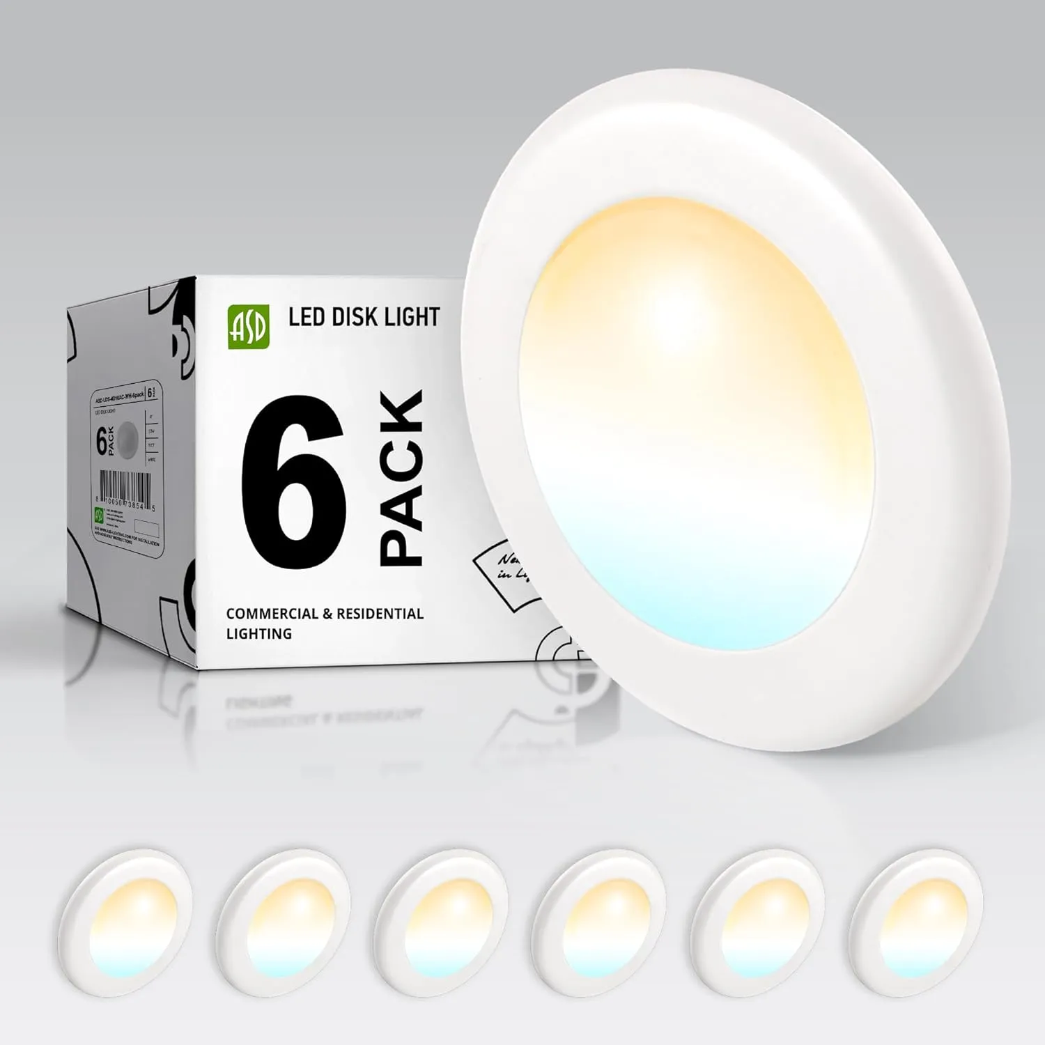 ASD 6 Pack LED Disk Lights 4 Inch, 10W 5CCT 2700K-5000K 685LM CRI90 , Dimmable Flush Mount Ceiling Light Fixture, Low Profile Surface Mount Disc Lights, Junction Box or Recessed Can Install, UL
