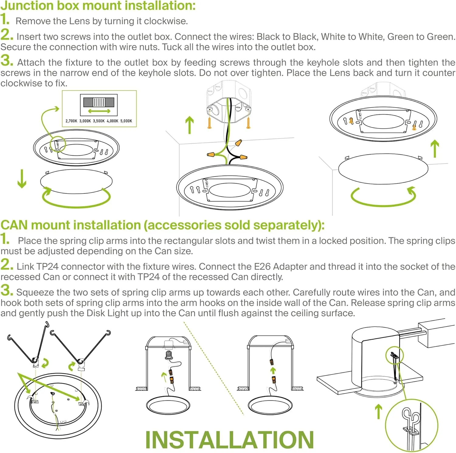 ASD 6 Pack LED Disk Lights 4 Inch, 10W 5CCT 2700K-5000K 685LM CRI90 , Dimmable Flush Mount Ceiling Light Fixture, Low Profile Surface Mount Disc Lights, Junction Box or Recessed Can Install, UL