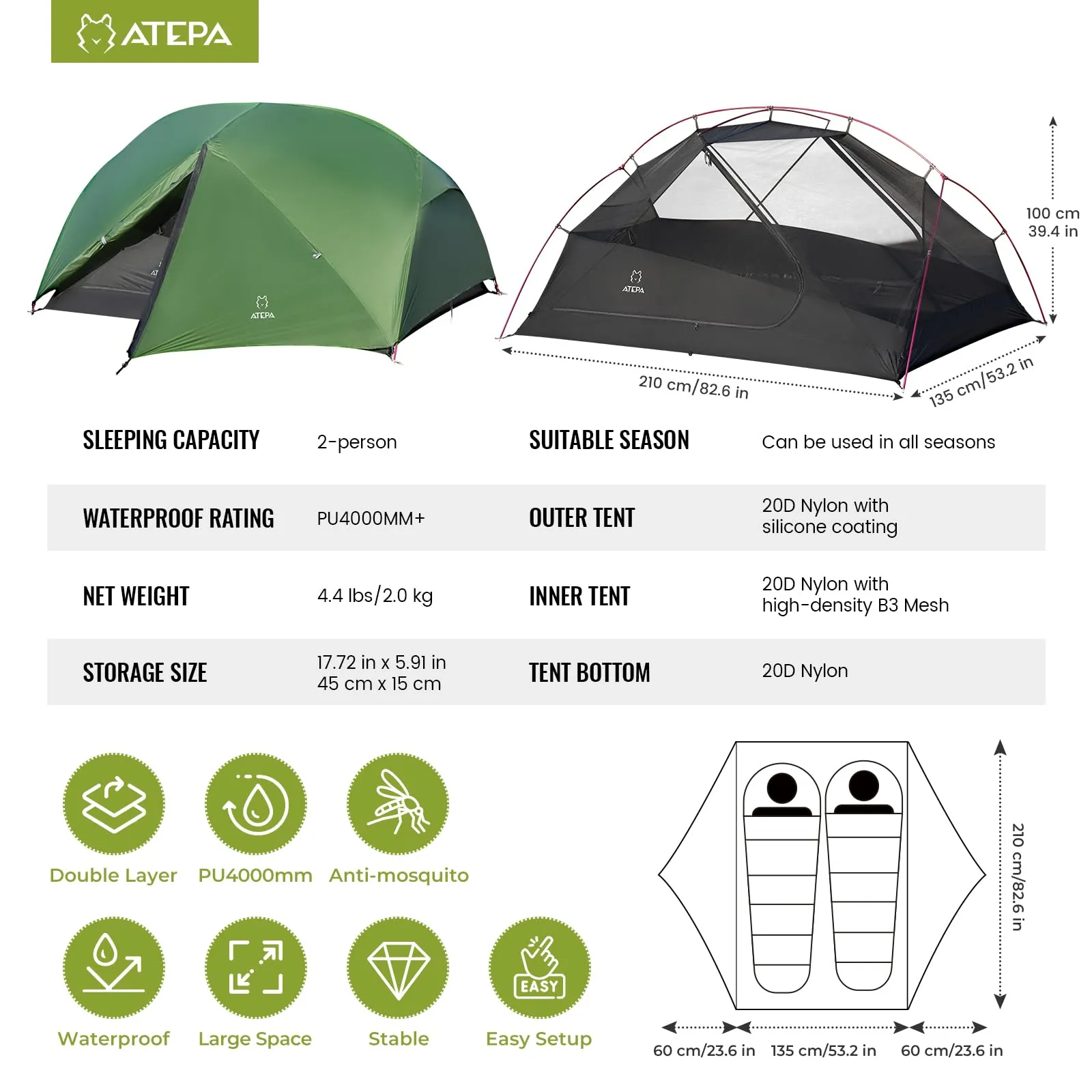 ATEPA Ultralight 2-Person Backpacking Tent
