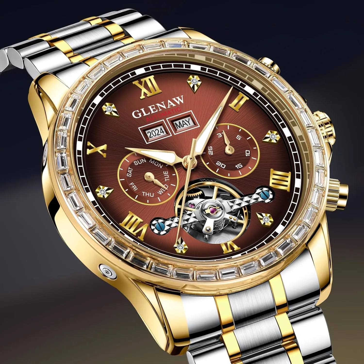 Automatic Watch for Men- Luxury Crystal Bezel Complete Calendar Mechanical Day Date Tourbillon Watch for Men Luminous with Stainless Strap