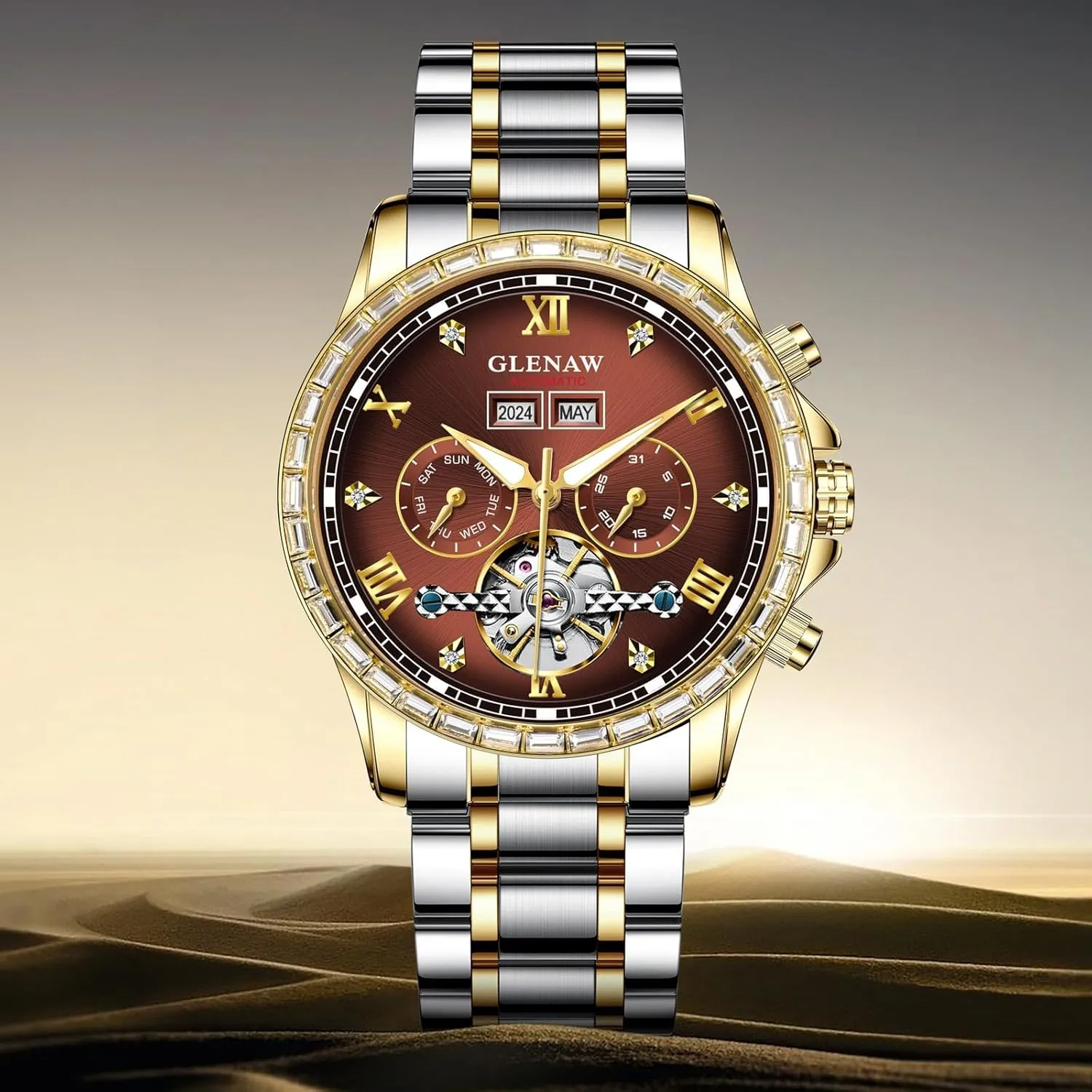 Automatic Watch for Men- Luxury Crystal Bezel Complete Calendar Mechanical Day Date Tourbillon Watch for Men Luminous with Stainless Strap
