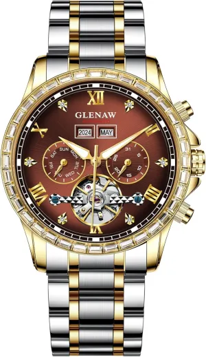 Automatic Watch for Men- Luxury Crystal Bezel Complete Calendar Mechanical Day Date Tourbillon Watch for Men Luminous with Stainless Strap