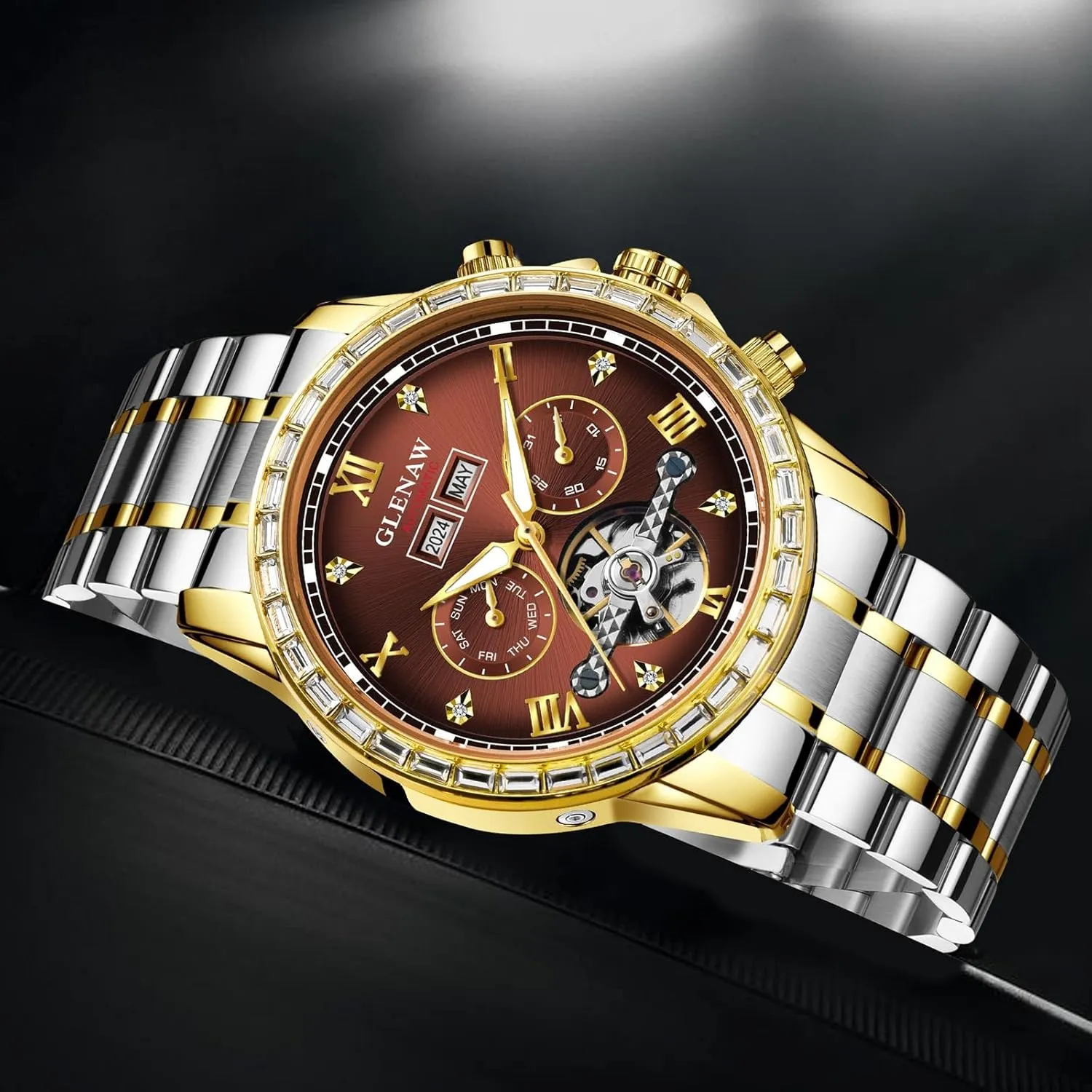 Automatic Watch for Men- Luxury Crystal Bezel Complete Calendar Mechanical Day Date Tourbillon Watch for Men Luminous with Stainless Strap