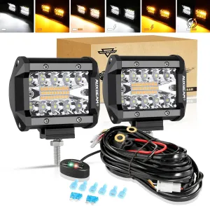 Auxbeam 4 Inch LED Pods 120W Spot LED Pod Light Bar 12000LM LED Driving Fog Light Triple Row Amber White Off Road Lights with 10FT LED Light Bar Wiring Harness Kit-2 Lead for Trucks SUV ATV UTV Jeep