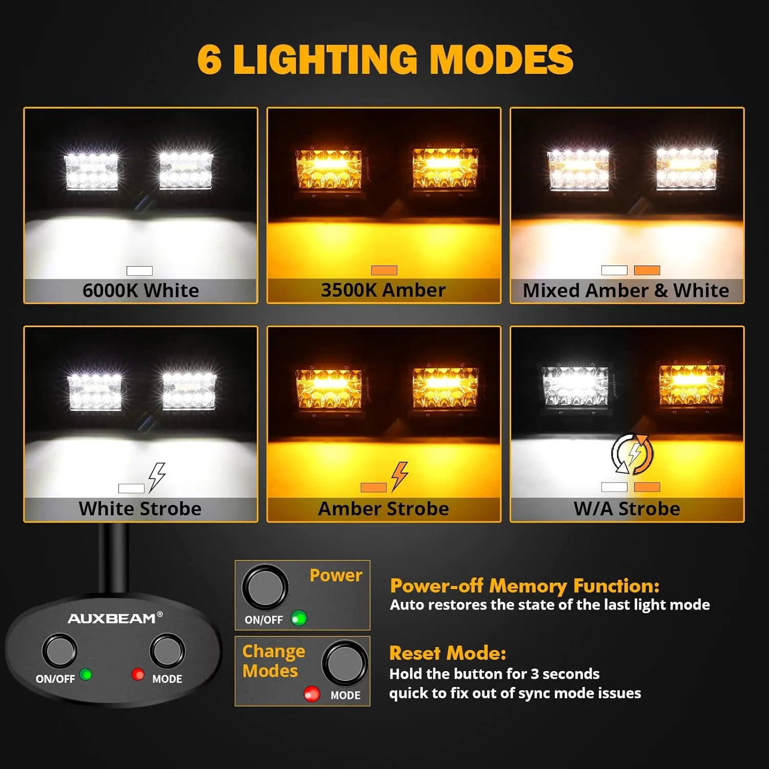 Auxbeam 4 Inch LED Pods 120W Spot LED Pod Light Bar 12000LM LED Driving Fog Light Triple Row Amber White Off Road Lights with 10FT LED Light Bar Wiring Harness Kit-2 Lead for Trucks SUV ATV UTV Jeep