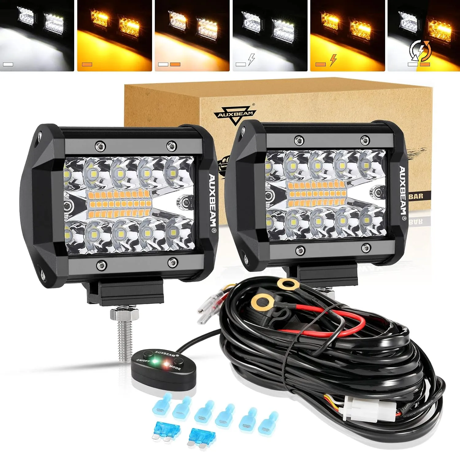 Auxbeam 4 Inch LED Pods 120W Spot LED Pod Light Bar 12000LM LED Driving Fog Light Triple Row Amber White Off Road Lights with 10FT LED Light Bar Wiring Harness Kit-2 Lead for Trucks SUV ATV UTV Jeep