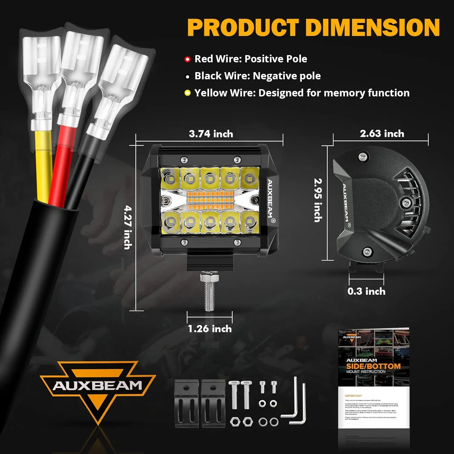Auxbeam 4 Inch LED Pods 120W Spot LED Pod Light Bar 12000LM LED Driving Fog Light Triple Row Amber White Off Road Lights with 10FT LED Light Bar Wiring Harness Kit-2 Lead for Trucks SUV ATV UTV Jeep