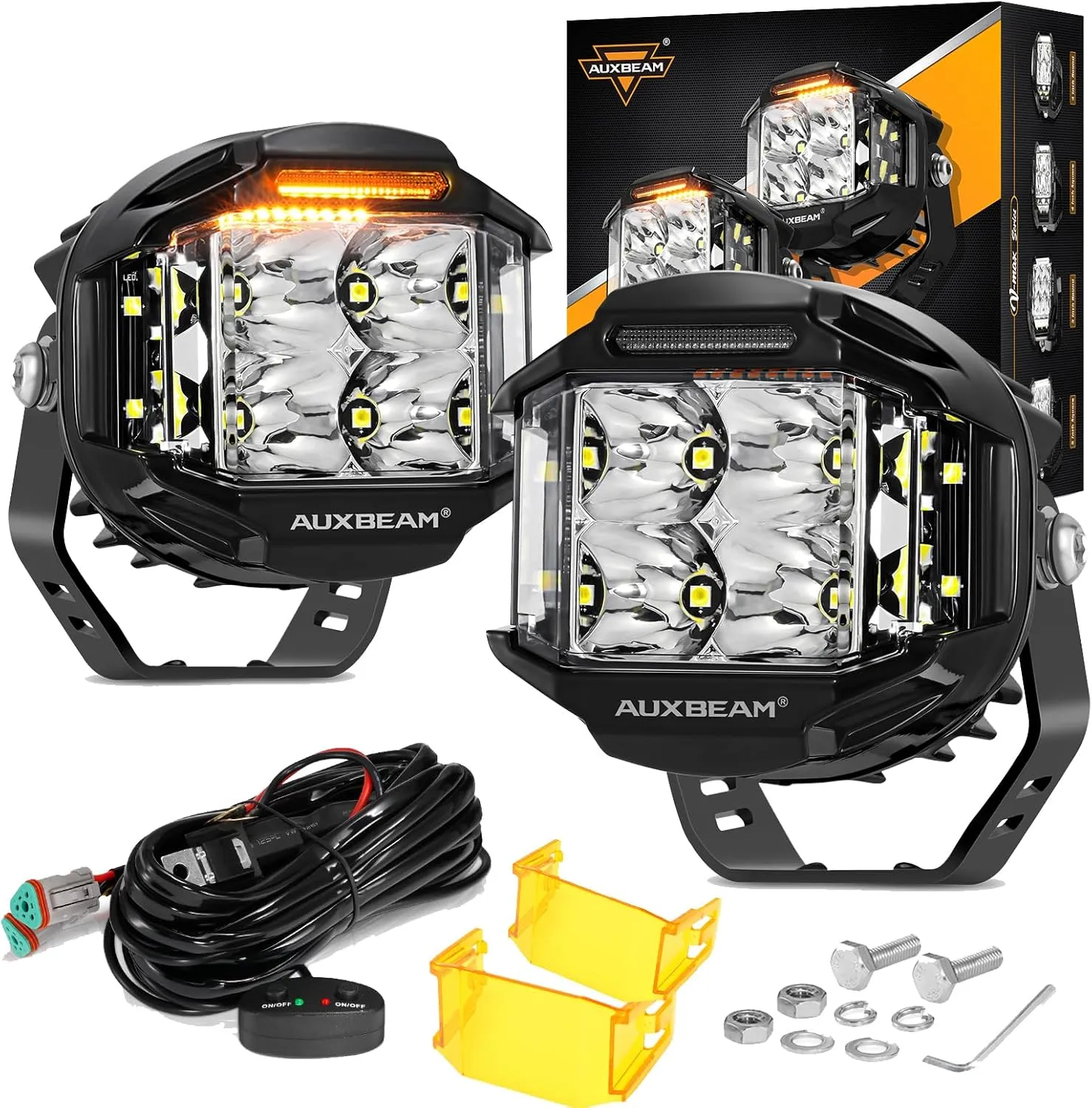 Auxbeam 4 Inch V-MAX Series LED Pods with Side Shooter, 92W Round Offroad Driving Lights with Amber DRL, Super Bright 270° Wide Range Spot Flood Combo Light Bar Auxiliary Light with Wiring Harness Kit