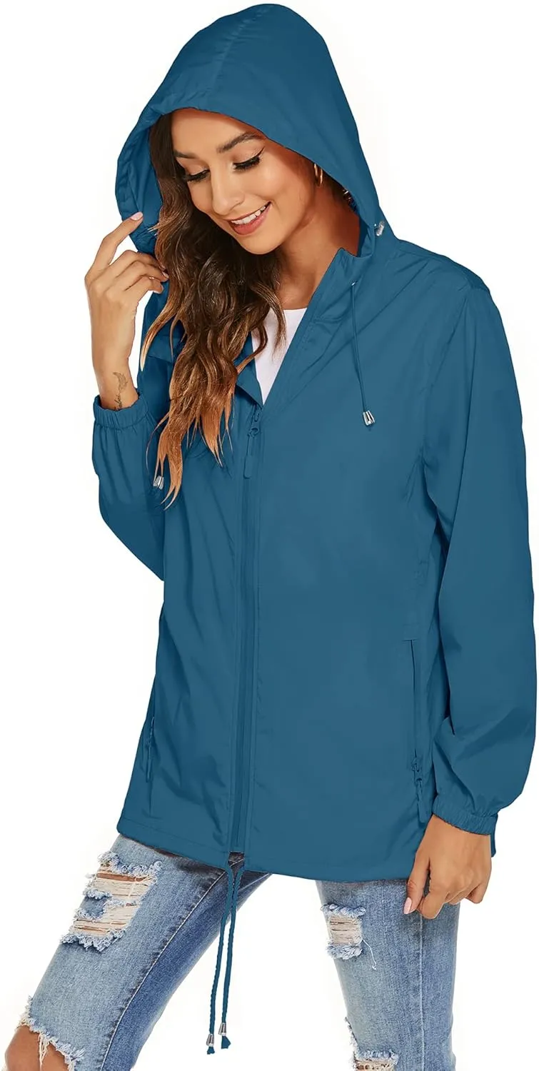 Avoogue Womens Waterproof Raincoat Lightweight Breathable Rain Jacket Hooded Rain Coat Outdoor Active Windbreaker with Pocket