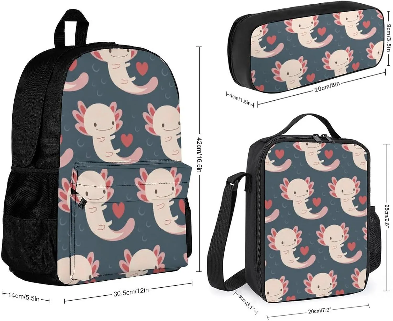Axolotls Lightweight Pocket Backpack Crossbody Lunch Bag Set Unisex