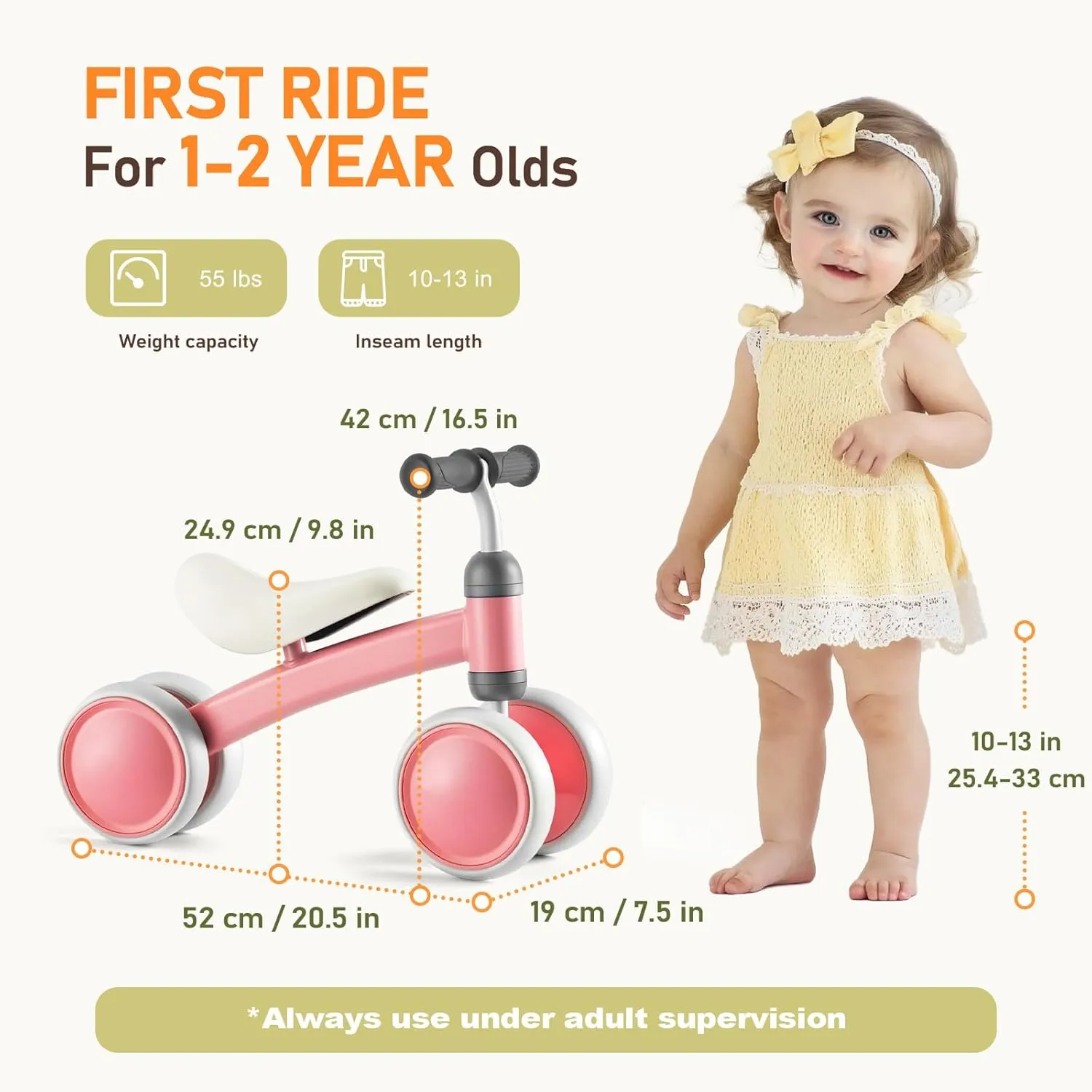 Baby Balance Bike for 1 Year Old Boys Girls, First Birthday Gift, 12-24 Months Toddler Bike, Toddler Balance Bike with 4 Silent Wheels, 1 Year Old Toys, Ride-on Toys, Children Walker No Pedal, Pink