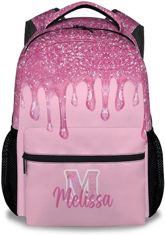 Backpack for Kids - 17 Inch Custom Initials School Backpack - Pink Dripping Bookbag for College, Travel and Camp - Durable Large Capacity, Lightweight