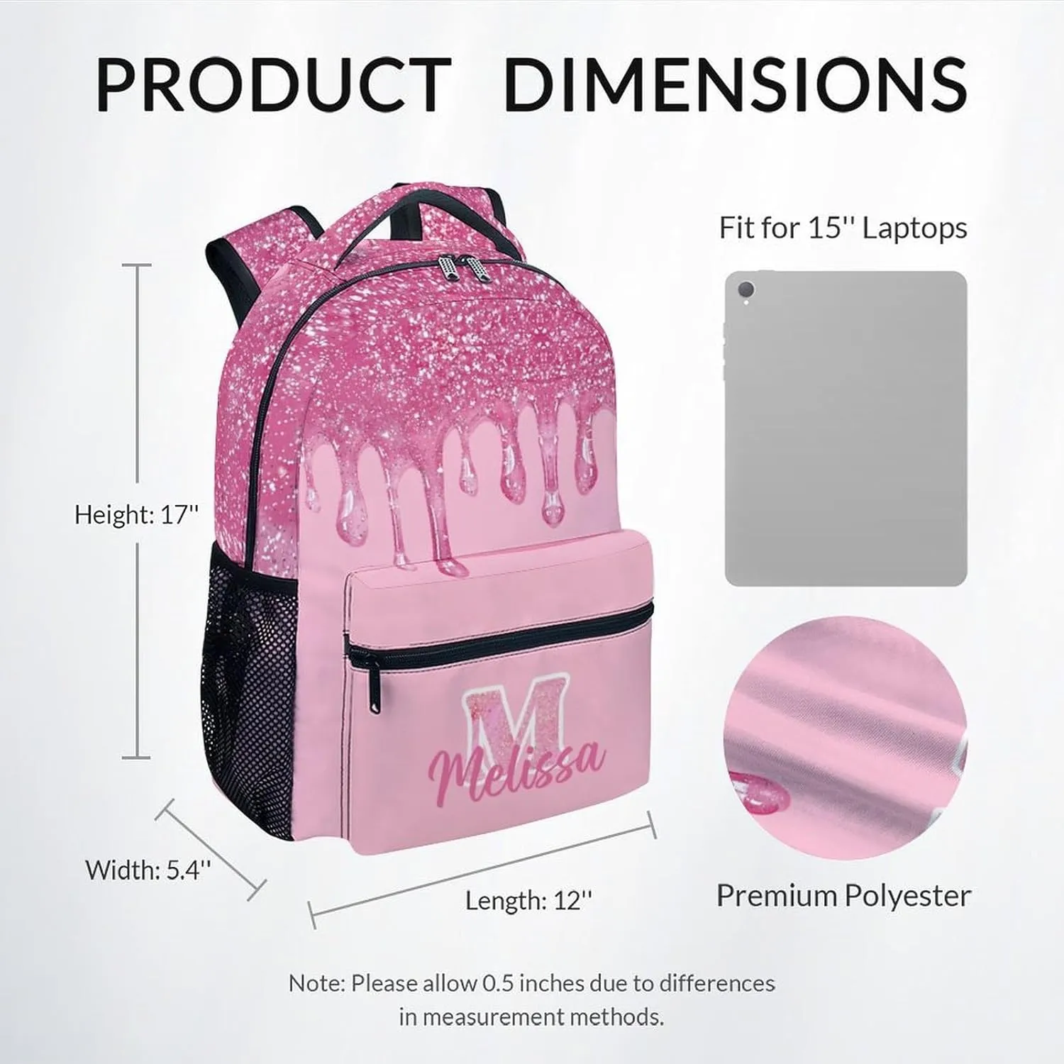 Backpack for Kids - 17 Inch Custom Initials School Backpack - Pink Dripping Bookbag for College, Travel and Camp - Durable Large Capacity, Lightweight